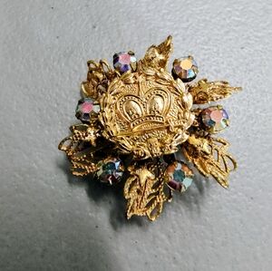 Vintage Crown And Pink Ab Gold Tone Filigree Brooch